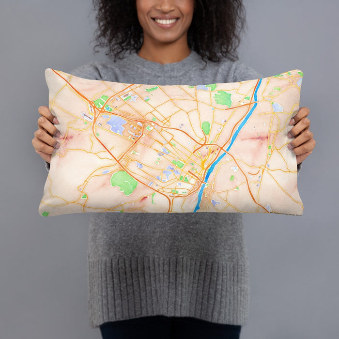 Person holding 20x12 Custom Albany New York Map Throw Pillow in Watercolor