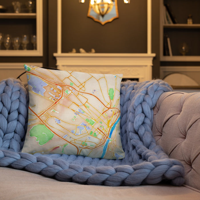 Custom Albany New York Map Throw Pillow in Watercolor on Cream Colored Couch
