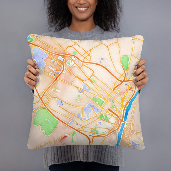 Person holding 18x18 Custom Albany New York Map Throw Pillow in Watercolor