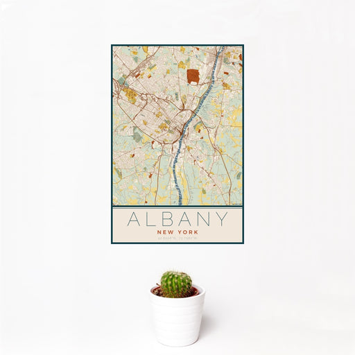 12x18 Albany New York Map Print Portrait Orientation in Woodblock Style With Small Cactus Plant in White Planter