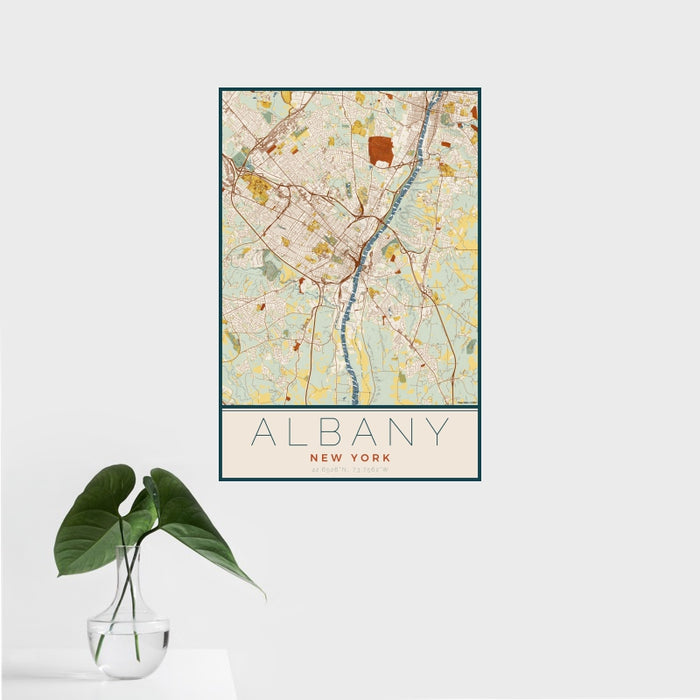 16x24 Albany New York Map Print Portrait Orientation in Woodblock Style With Tropical Plant Leaves in Water