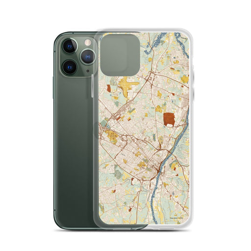 Custom Albany New York Map Phone Case in Woodblock on Table with Laptop and Plant