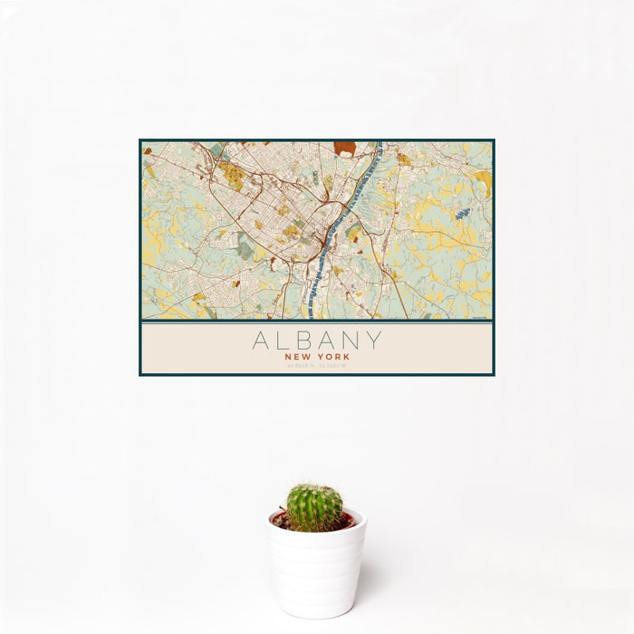 12x18 Albany New York Map Print Landscape Orientation in Woodblock Style With Small Cactus Plant in White Planter