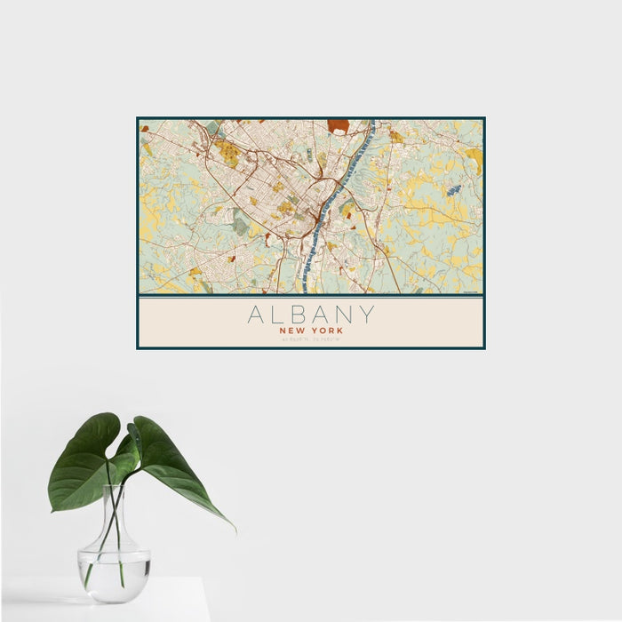 16x24 Albany New York Map Print Landscape Orientation in Woodblock Style With Tropical Plant Leaves in Water