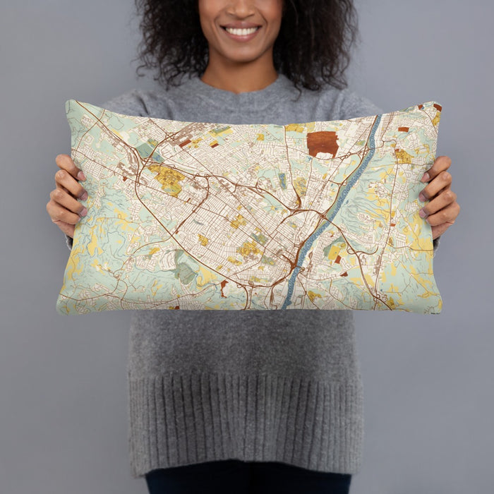 Person holding 20x12 Custom Albany New York Map Throw Pillow in Woodblock