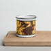 Front View Custom Albany Oregon Map Enamel Mug in Ember on Cutting Board