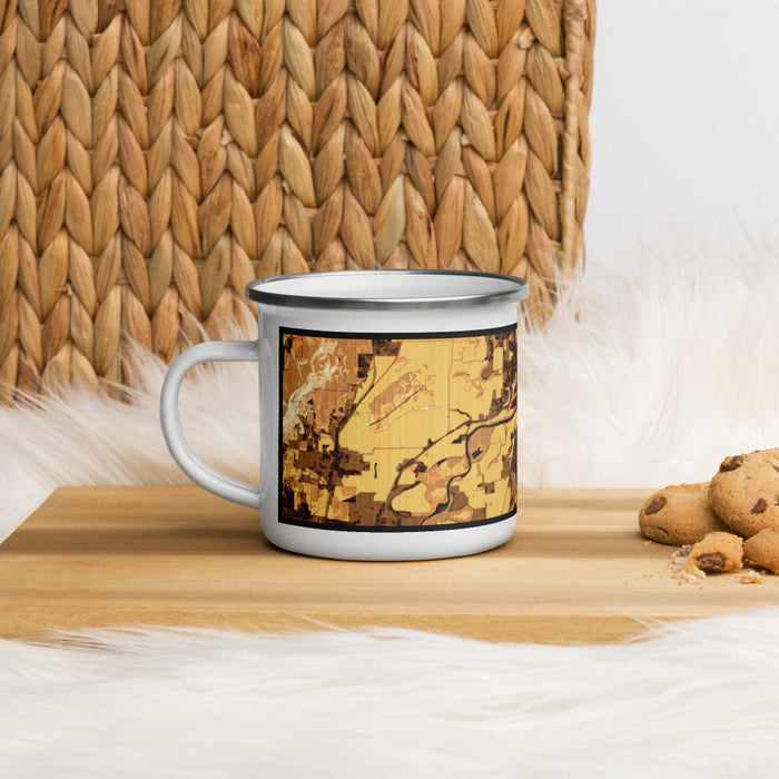 Left View Custom Albany Oregon Map Enamel Mug in Ember on Table Top
