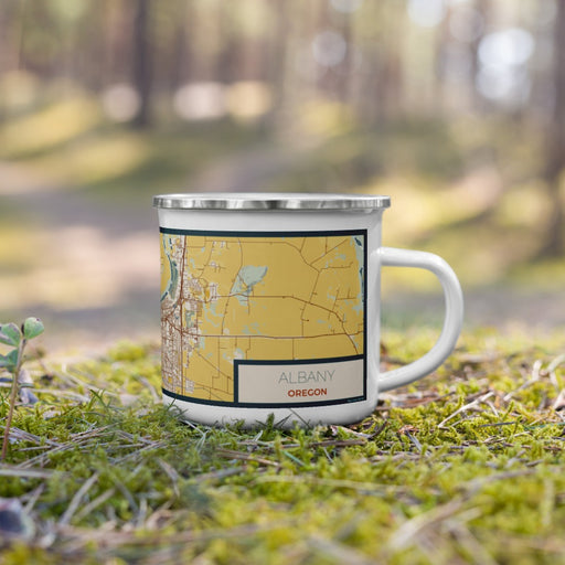 Right View Custom Albany Oregon Map Enamel Mug in Woodblock on Grass With Trees in Background