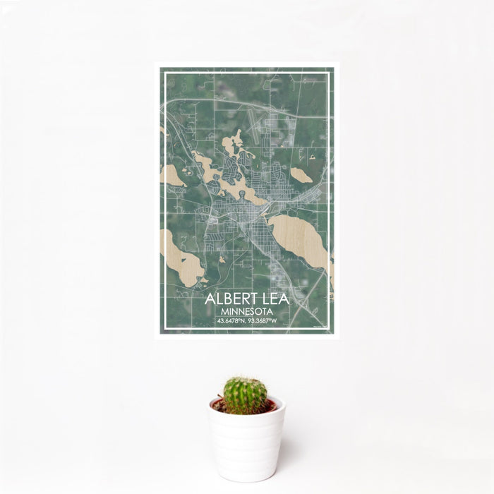 12x18 ALBERT LEA Minnesota Map Print Portrait Orientation in Afternoon Style With Small Cactus Plant in White Planter