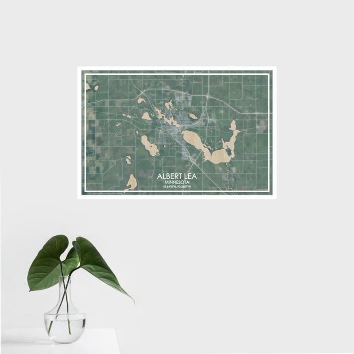 16x24 ALBERT LEA Minnesota Map Print Landscape Orientation in Afternoon Style With Tropical Plant Leaves in Water