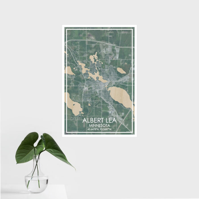 16x24 ALBERT LEA Minnesota Map Print Portrait Orientation in Afternoon Style With Tropical Plant Leaves in Water