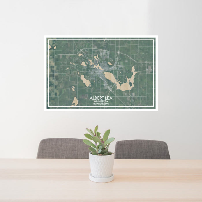 24x36 ALBERT LEA Minnesota Map Print Lanscape Orientation in Afternoon Style Behind 2 Chairs Table and Potted Plant