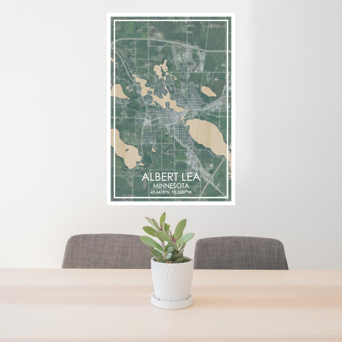 24x36 ALBERT LEA Minnesota Map Print Portrait Orientation in Afternoon Style Behind 2 Chairs Table and Potted Plant