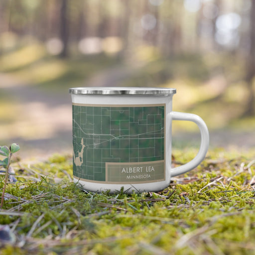 Right View Custom Albert Lea Minnesota Map Enamel Mug in Afternoon on Grass With Trees in Background