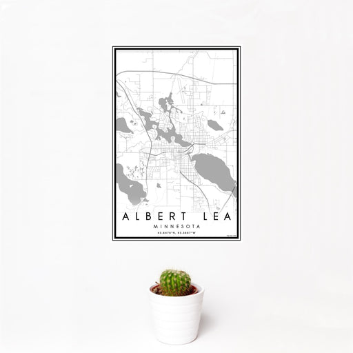 12x18 Albert Lea Minnesota Map Print Portrait Orientation in Classic Style With Small Cactus Plant in White Planter