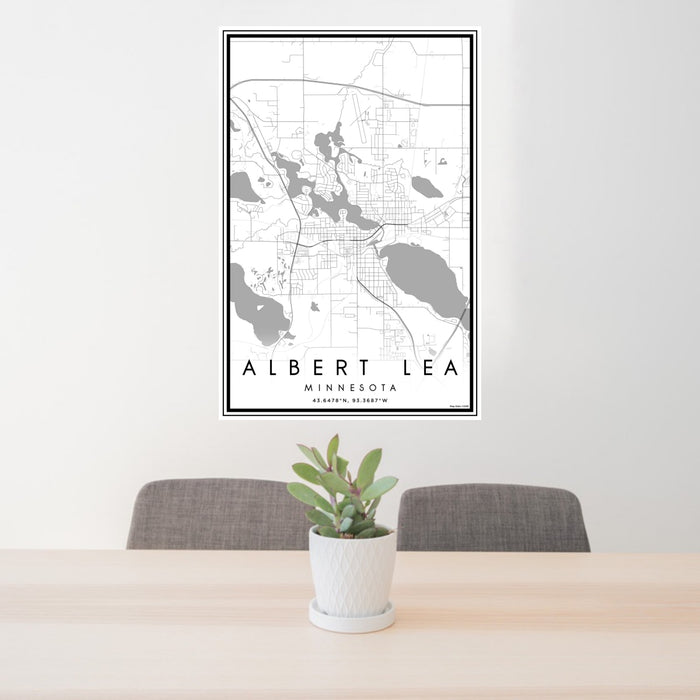 24x36 Albert Lea Minnesota Map Print Portrait Orientation in Classic Style Behind 2 Chairs Table and Potted Plant