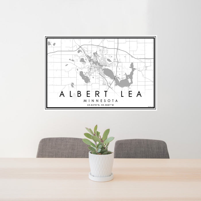 24x36 Albert Lea Minnesota Map Print Landscape Orientation in Classic Style Behind 2 Chairs Table and Potted Plant