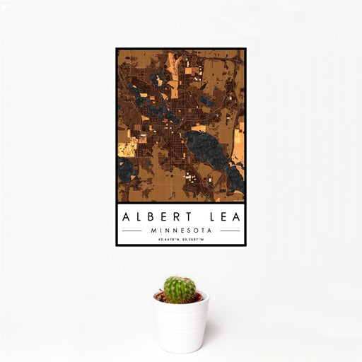 12x18 Albert Lea Minnesota Map Print Portrait Orientation in Ember Style With Small Cactus Plant in White Planter