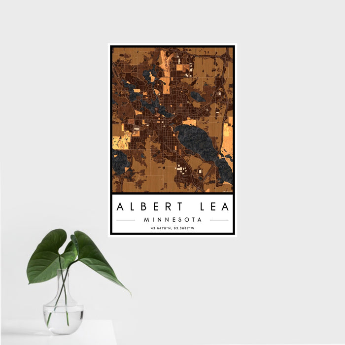 16x24 Albert Lea Minnesota Map Print Portrait Orientation in Ember Style With Tropical Plant Leaves in Water