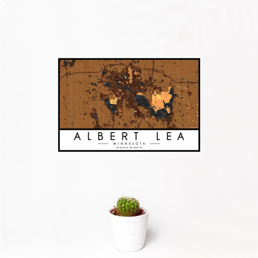 12x18 Albert Lea Minnesota Map Print Landscape Orientation in Ember Style With Small Cactus Plant in White Planter