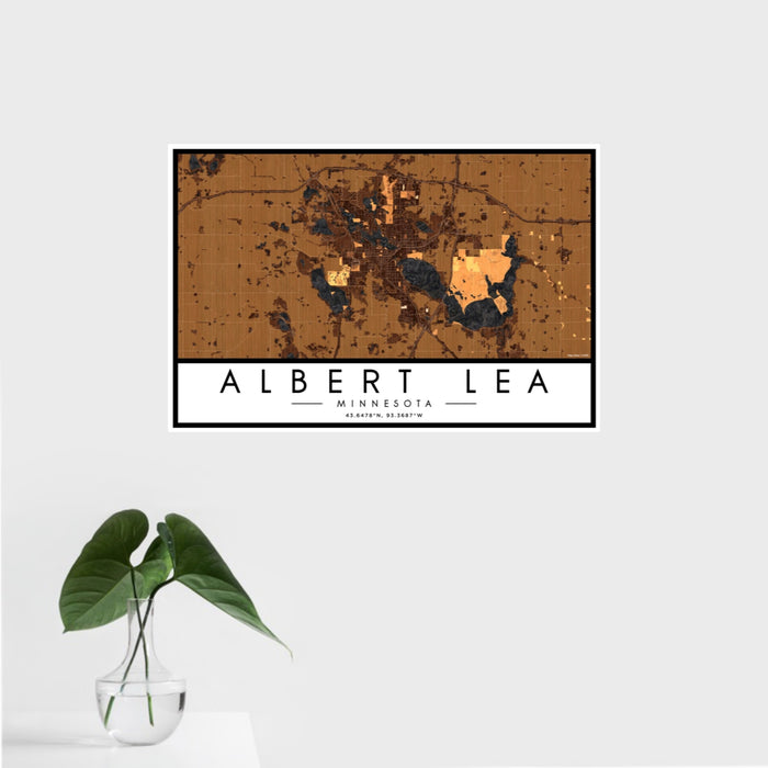 16x24 Albert Lea Minnesota Map Print Landscape Orientation in Ember Style With Tropical Plant Leaves in Water