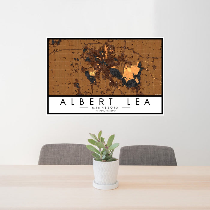 24x36 Albert Lea Minnesota Map Print Landscape Orientation in Ember Style Behind 2 Chairs Table and Potted Plant