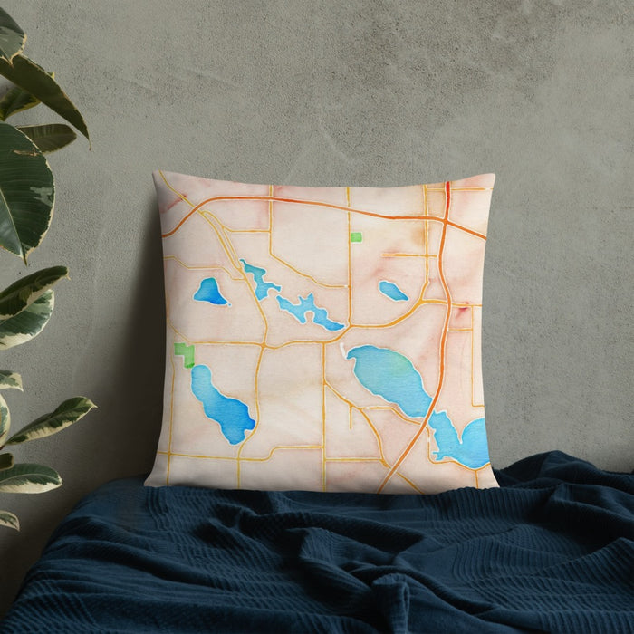 Custom Albert Lea Minnesota Map Throw Pillow in Watercolor on Bedding Against Wall