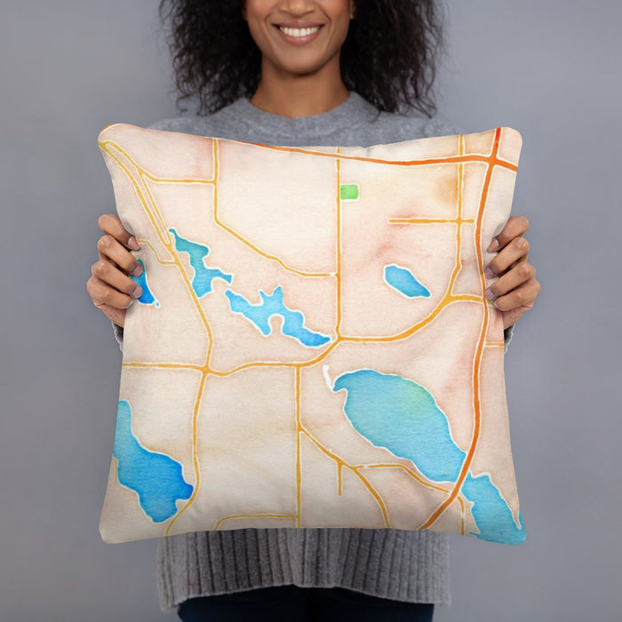 Person holding 18x18 Custom Albert Lea Minnesota Map Throw Pillow in Watercolor