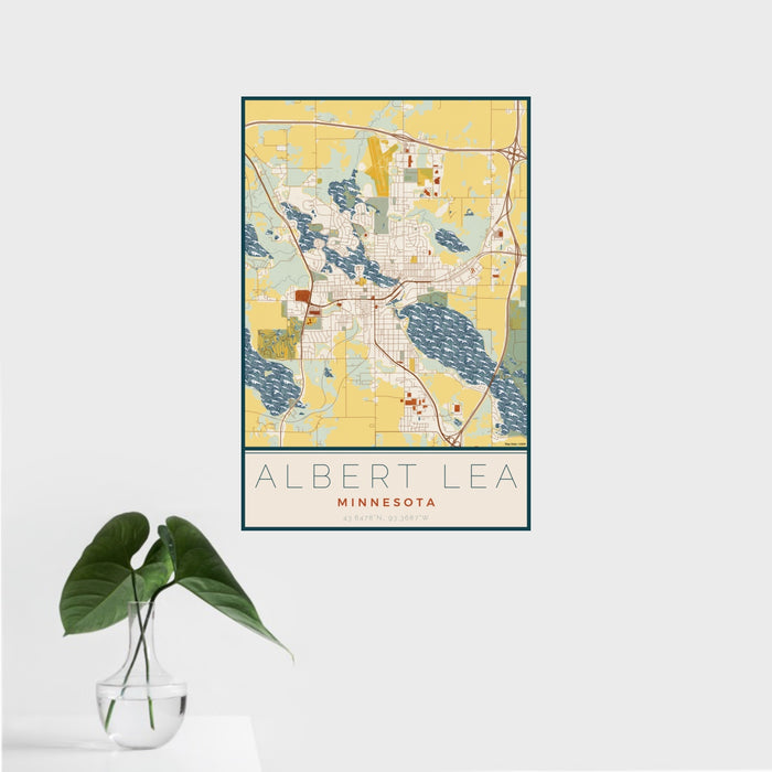 16x24 Albert Lea Minnesota Map Print Portrait Orientation in Woodblock Style With Tropical Plant Leaves in Water