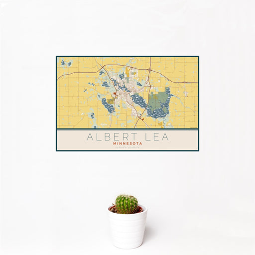 12x18 Albert Lea Minnesota Map Print Landscape Orientation in Woodblock Style With Small Cactus Plant in White Planter