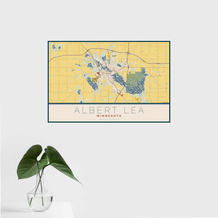 16x24 Albert Lea Minnesota Map Print Landscape Orientation in Woodblock Style With Tropical Plant Leaves in Water