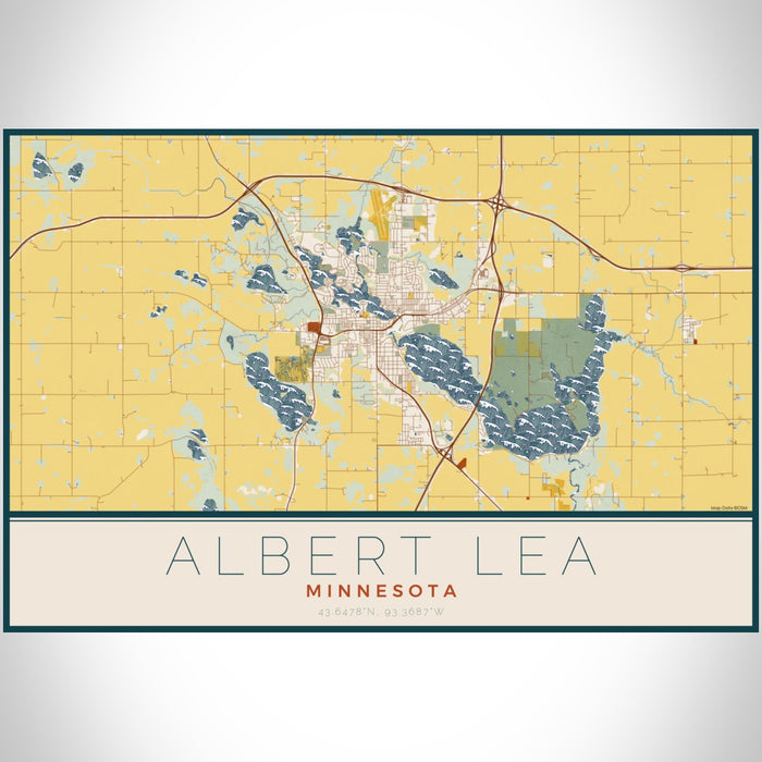 Albert Lea Minnesota Map Print Landscape Orientation in Woodblock Style With Shaded Background