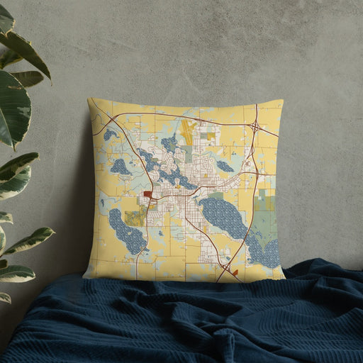 Custom Albert Lea Minnesota Map Throw Pillow in Woodblock on Bedding Against Wall