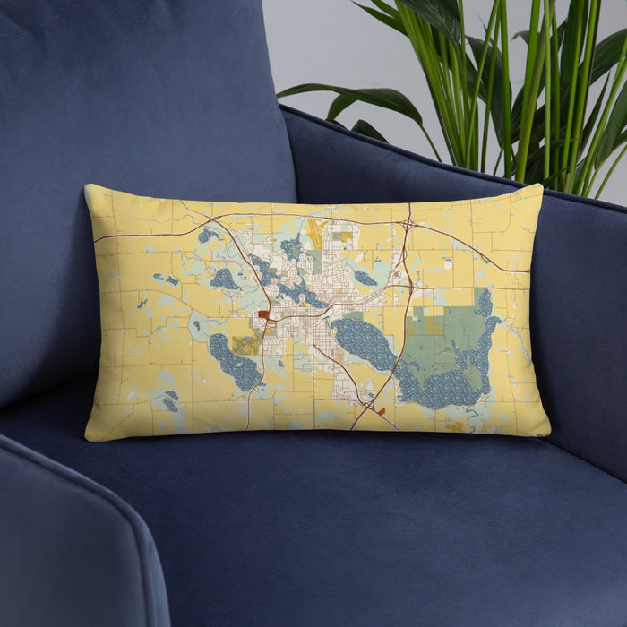 Custom Albert Lea Minnesota Map Throw Pillow in Woodblock on Blue Colored Chair