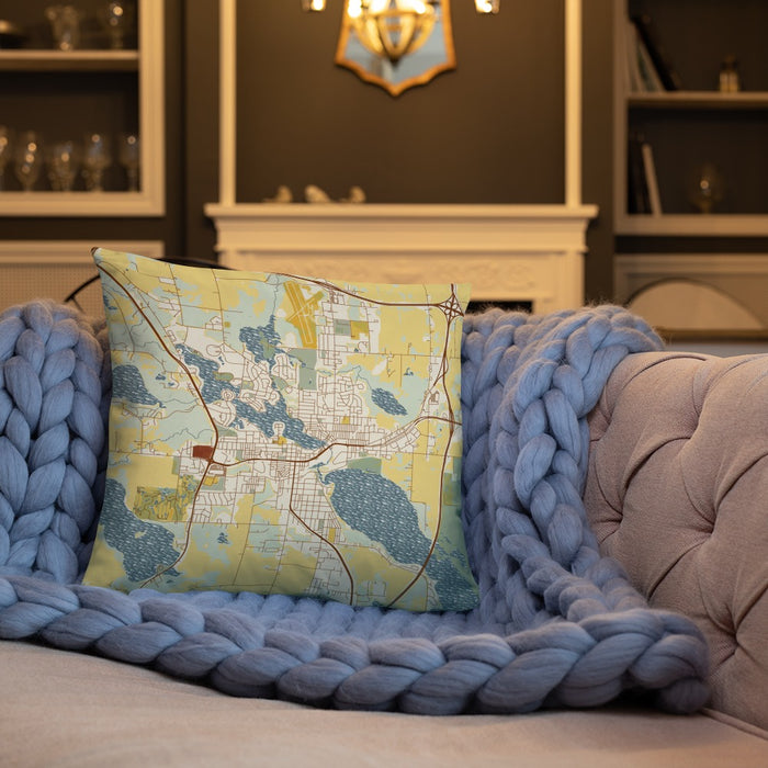 Custom Albert Lea Minnesota Map Throw Pillow in Woodblock on Cream Colored Couch