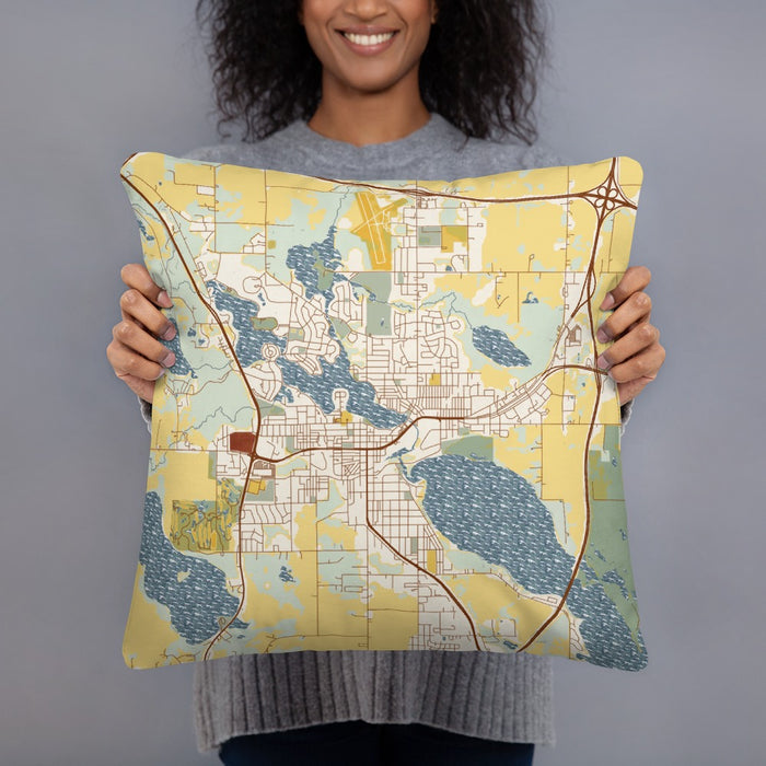 Person holding 18x18 Custom Albert Lea Minnesota Map Throw Pillow in Woodblock