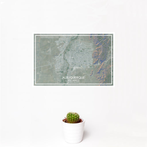 12x18 ALBUQUERQUE New Mexico Map Print Landscape Orientation in Afternoon Style With Small Cactus Plant in White Planter