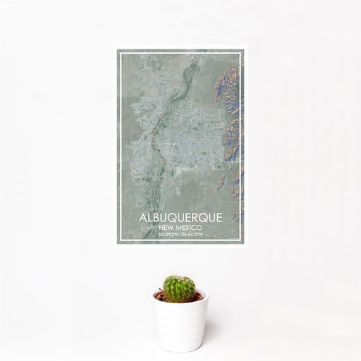 12x18 ALBUQUERQUE New Mexico Map Print Portrait Orientation in Afternoon Style With Small Cactus Plant in White Planter