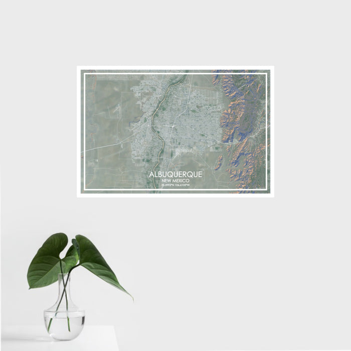 16x24 ALBUQUERQUE New Mexico Map Print Landscape Orientation in Afternoon Style With Tropical Plant Leaves in Water