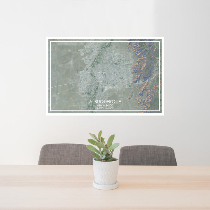 24x36 ALBUQUERQUE New Mexico Map Print Lanscape Orientation in Afternoon Style Behind 2 Chairs Table and Potted Plant