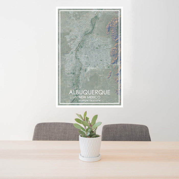 24x36 ALBUQUERQUE New Mexico Map Print Portrait Orientation in Afternoon Style Behind 2 Chairs Table and Potted Plant