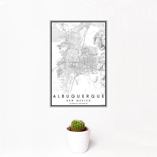 12x18 Albuquerque New Mexico Map Print Portrait Orientation in Classic Style With Small Cactus Plant in White Planter