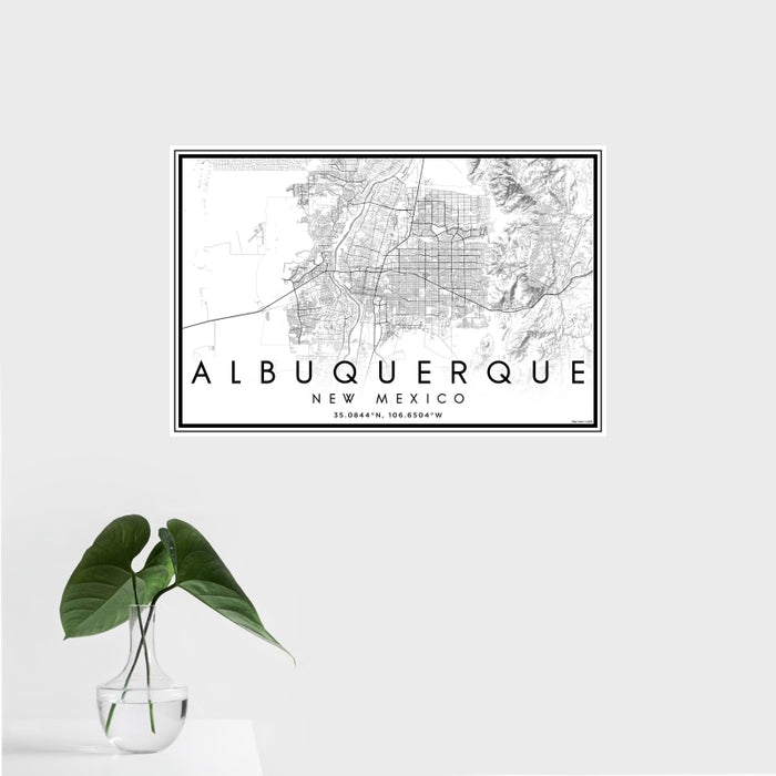 16x24 Albuquerque New Mexico Map Print Landscape Orientation in Classic Style With Tropical Plant Leaves in Water