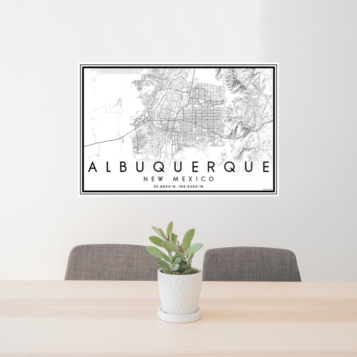 24x36 Albuquerque New Mexico Map Print Landscape Orientation in Classic Style Behind 2 Chairs Table and Potted Plant