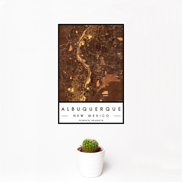 12x18 Albuquerque New Mexico Map Print Portrait Orientation in Ember Style With Small Cactus Plant in White Planter