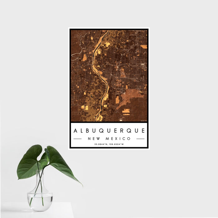 16x24 Albuquerque New Mexico Map Print Portrait Orientation in Ember Style With Tropical Plant Leaves in Water