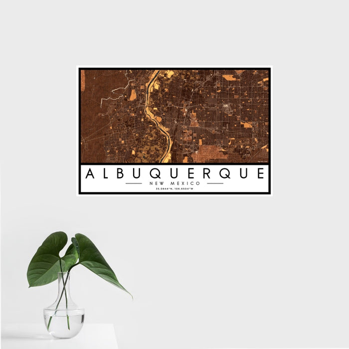 16x24 Albuquerque New Mexico Map Print Landscape Orientation in Ember Style With Tropical Plant Leaves in Water