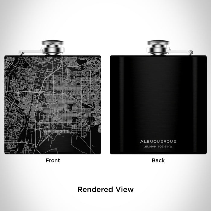 Rendered View of Albuquerque New Mexico Map Engraving on 6oz Stainless Steel Flask in Black