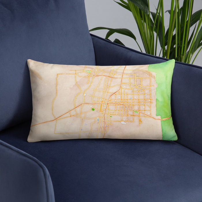 Custom Albuquerque New Mexico Map Throw Pillow in Watercolor on Blue Colored Chair