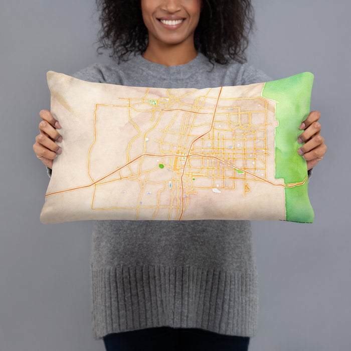 Person holding 20x12 Custom Albuquerque New Mexico Map Throw Pillow in Watercolor